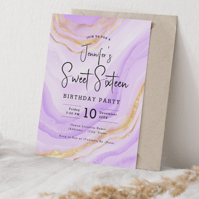 Convites Glam Lavanda Roxo Marble Glitter Sweet 16 Party (Glam Lavender Purple Marble Glitter Sweet 16 Party Invitation)
