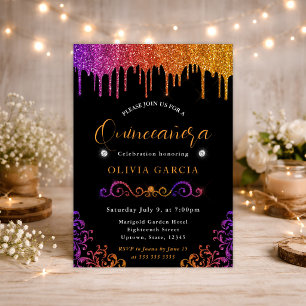 Convites Glam Lilás e Laranja Brilho Quinceanera