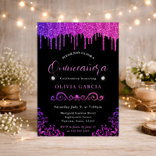 Convites Glam Lilás e Rosa Gradiente Glitter Quinceanera