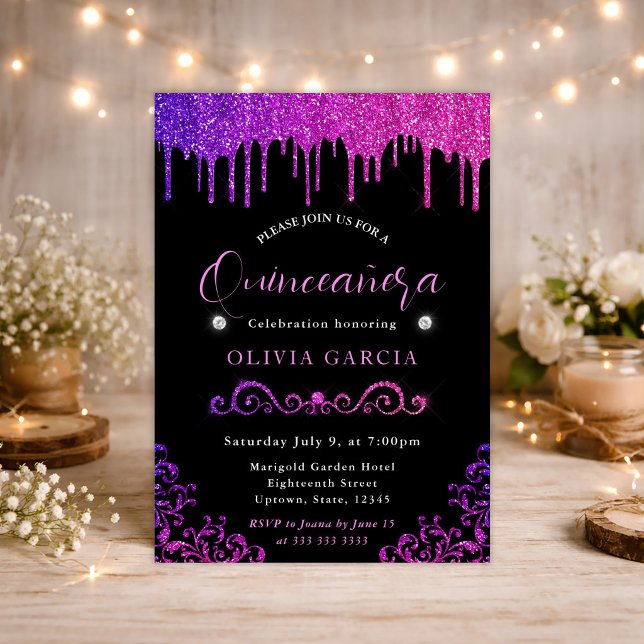 Convites Glam Lilás e Rosa Gradiente Glitter Quinceanera (Criador carregado)
