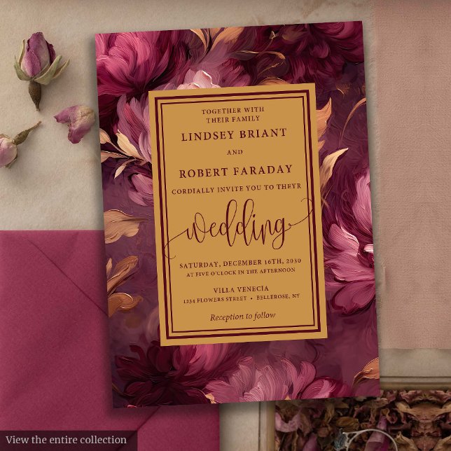 Convites Glam Luxury Maroon Blush Dourado Casamento Floral (Glam Luxury Maroon Blush Gold Floral Wedding Invitation)