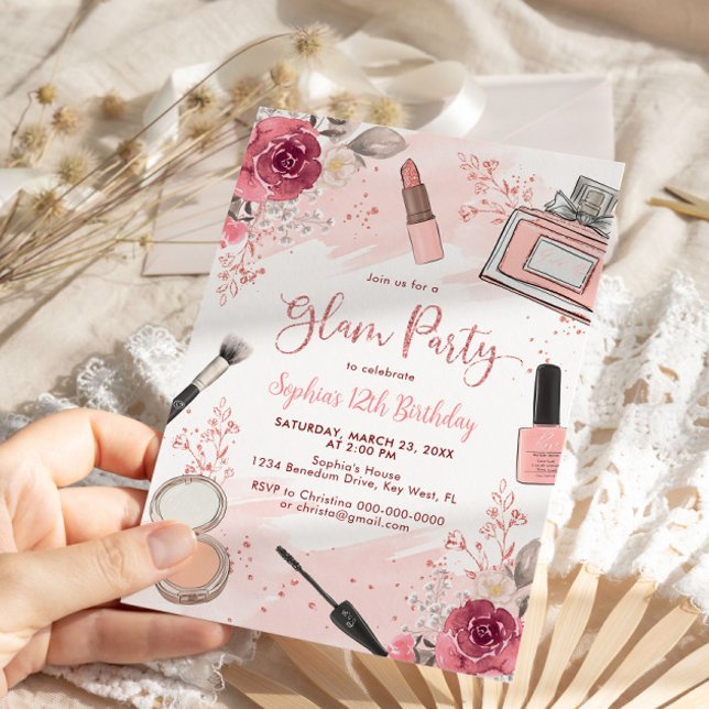 Convites Glam Makeup Festa de aniversário Blush Pink Spa Pa (Criador carregado)