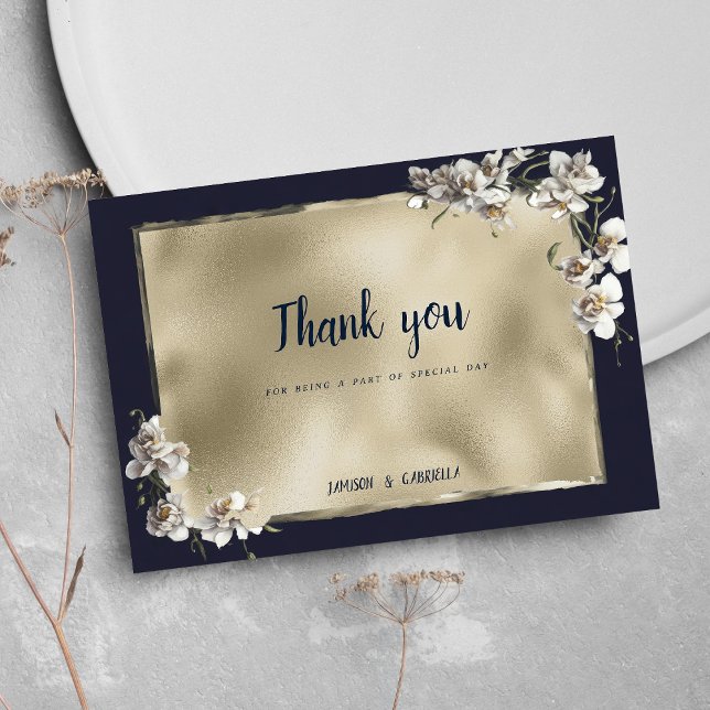 Convites Glam Marinha Azul, Dourada, flor branca de orquíde (Glam navy blue gold white orchid flower Thank You )