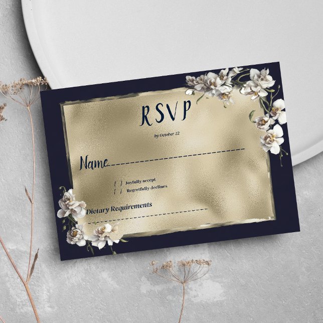 Convites Glam Marinha Azul, Dourada, flor branca de orquíde (Glam navy blue gold white orchid flower RSVP)