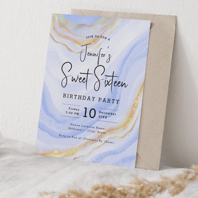 Convites Glam Marinho Azul Marble Glitter Doce Festa 16 (Glam Navy Blue Marble Glitter Sweet 16 Party Invitation)