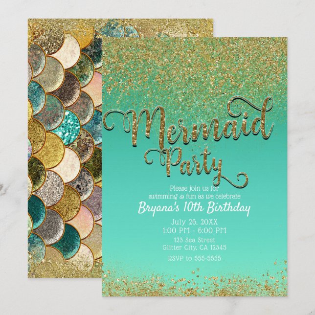 Convites Glam Mermaid Party Dourado Glitter & Teal Birthday (Frente/Verso)