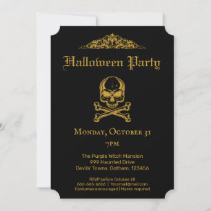 Convites Glam Negro Gótico e Dourado Vintage Caveira Hallo