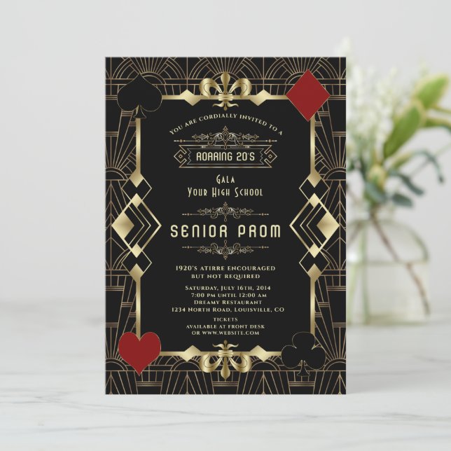 Convites Glam Ouro Preto Casino Gatsby 20s Baile de Formatu (Em pé/Frente)