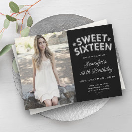 Convites Glam Photo Silver Black Balloons Sweet 16