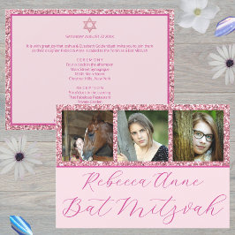 Convites Glam Pink Elegant Script 3 Photo Bat Mitzvah