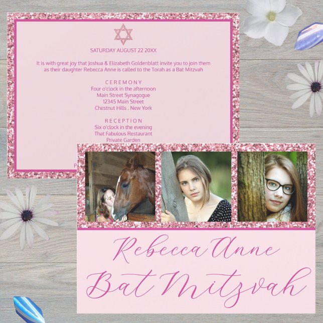 Convites Glam Pink Elegant Script 3 Photo Bat Mitzvah (Add your daughter's photos to these chic pink Bat Mitzvah invitations)