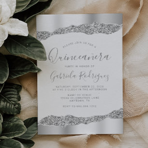 Convites Glam Prata Folha Glitter Quinceañera