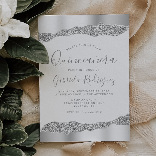 Convites Glam Prata Folha Glitter Quinceañera (Criador carregado)