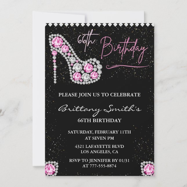 Convites Glam Preto Rosa Prata Diamante 66º aniversário (Frente)
