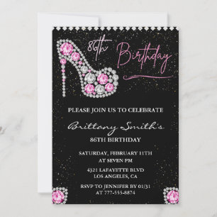 Convites Glam Preto Rosa Prata Diamante 86º aniversário