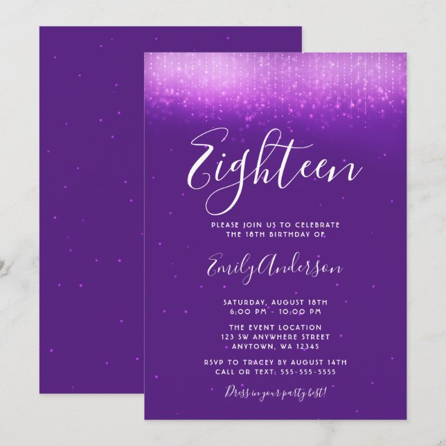 Convites Glam Purple 18º aniversário (Frente/Verso)