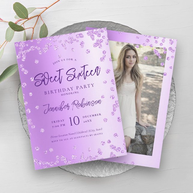Convites Glam Purple Chic Glitter Foto Sweet 16 (Glam Purple Chic Glitter Photo Sweet 16 Invitation)