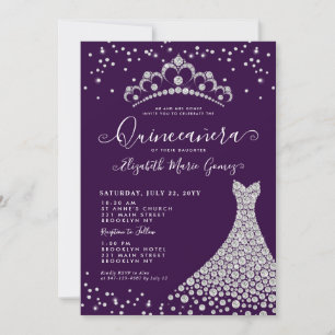 Convites Glam Purple Diamond Sparkle Tiara Gown Quinceanera