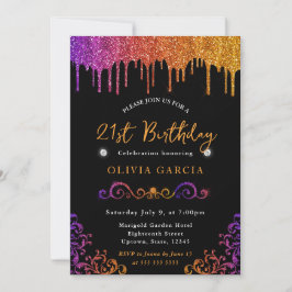 Convites Glam Purple e Laranja Brilho Aniversário de 21 ano