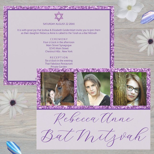 Convites Glam Purple Elegant Script 3 Photo Bat Mitzvah (Add your daughter's photos to these unique purple glam Bat Mitzvah invitations)