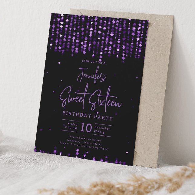 Convites Glam Purple Falling Stars Sweet 16 Festa de aniver (Glam Purple Falling Stars Sweet 16 Birthday Party Invitation)