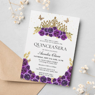 Convites Glam Purple Floral Dourada Tiara Quinceanera