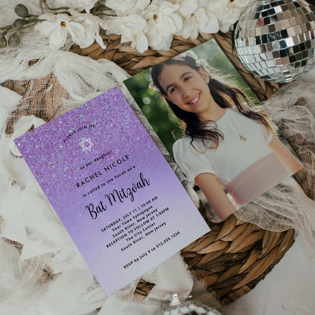 Convites Glam Purple Glitter Look Bat Mitzvah | Remoção de  (Criador carregado)