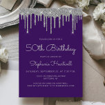 Convites Glam Purple Silver Glitter Drip 50th Birthday<br><div class="desc">Este convite de aniversário da moda 50ª apresenta uma borda brilhante de cintilação fina prateada e fundo roxo. As palavras "50º Aniversário" e o nome do convidado de honra aparecem no roteiro casual da cinza prateada, com o resto do texto personalizável na fonte sans serif. No verso aparece o mesmo...</div>