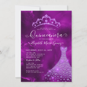 Convites Glam Purple Violet Diamond Tiara Dress Quinceanera