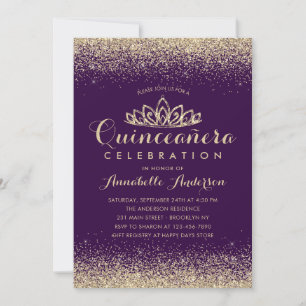 Convites Glam Purple Violet Quinceañera Dourada Tiara Glitt