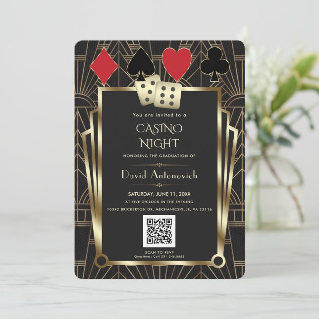 Convites Glam QR Code Las Vegas Casino Night Graduação (Em pé/Frente)