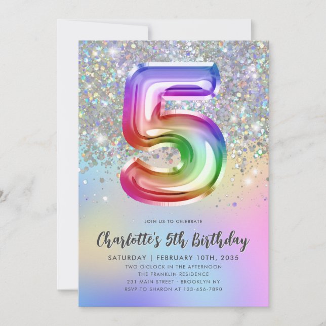 Convites Glam Rainbow Glitter Foil Pastel 5 Aniversário (Frente)