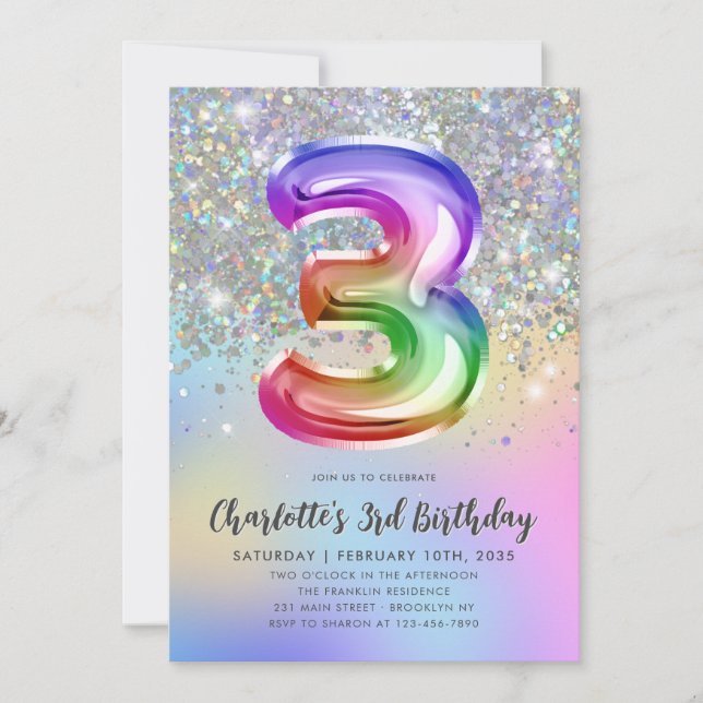 Convites Glam Rainbow Glitter Foil Pastel aniversário de 3  (Frente)