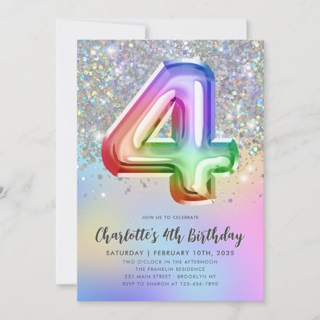Convites Glam Rainbow Glitter Foil Pastel Girl 4th Birday (Frente)