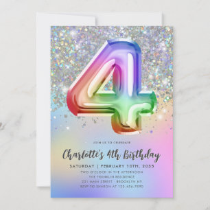 Convites Glam Rainbow Glitter Foil Pastel Girl 4th Birday