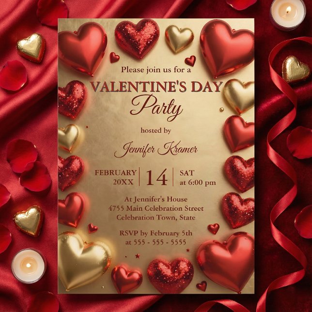 Convites Glam Red and Gold 3D Hearts Valentine's Day Party (Criador carregado)