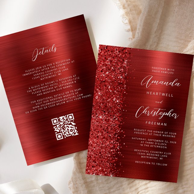 Convites Glam Red Brushed Metal QR Code Wedding (Criador carregado)