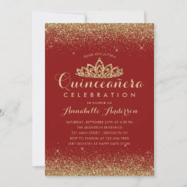 Convites Glam Red Burgundy Quinceañera Dourada Tiara Glitte