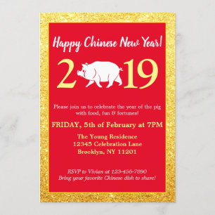 Convites Glam Red Dourado Glitter Chinês Novo Ano 2019 Porc