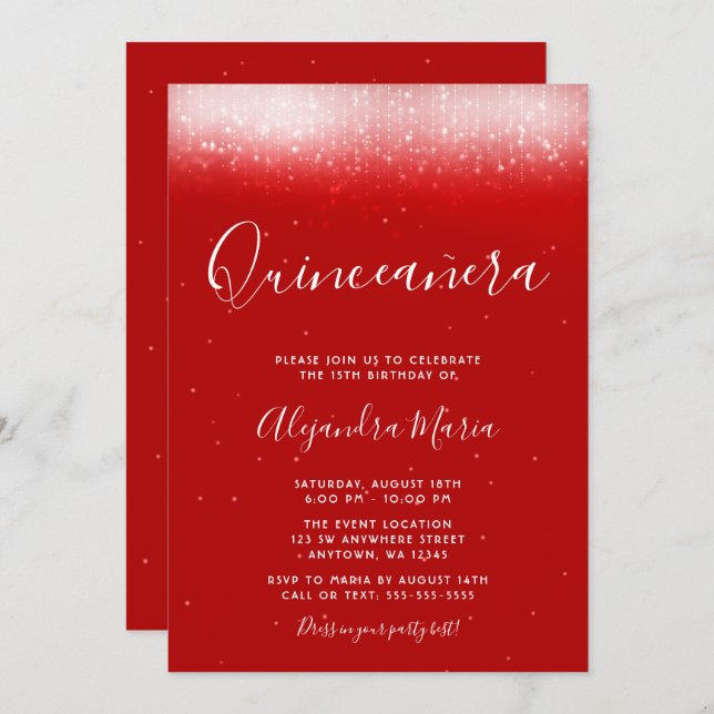 Convites Glam Red Quinceañera (Frente/Verso)