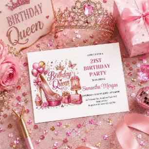 Convites Glam Rosa Dourado Brilho Aniversário Rainha Celebr