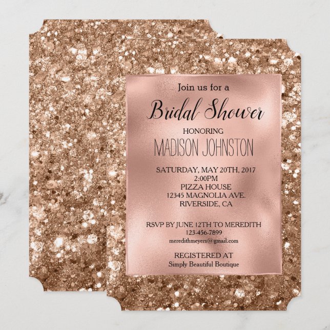 Convites Glam Rosa Dourado Glitter Espesso Chuveiro de Noiv (Frente/Verso)