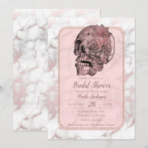 Convites Glam Rosa Dourado Rosa Caveira Mármore Chá de Noiv