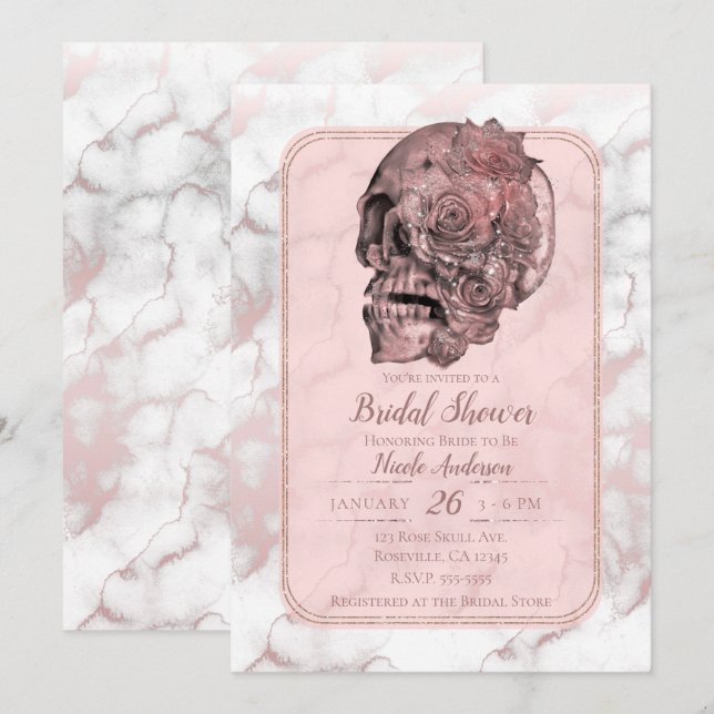 Convites Glam Rosa Dourado Rosa Caveira Mármore Chuveiro de (Frente/Verso)