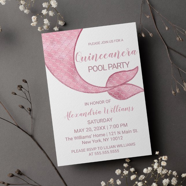 Convites Glam Rosa Dourado Sereia Rosa Tail Quinceañera (Glam Rose Gold Pink Mermaid Tail Quinceañera Invitation )
