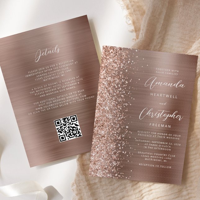 Convites Glam Rosa Ouro Metal Escovado Código QR Casamento (Criador carregado)