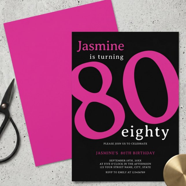 Convites Glam Rosa Quente Preto Aniversário de 80 Oitenta A (Criador carregado)