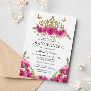 Convites Glam rosa-rosa Dourado, Tiara Quinceanera