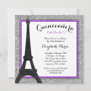 Convites Glam Roxo Paris Faux Silver Glitter Quinceanera