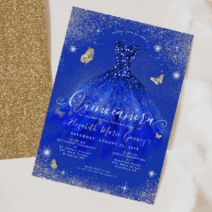 Convites Glam Royal Blue Glitter Gown Quinceanera